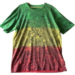 Disney Mickey Mouse T-Shirt Mens XL Green Yellow Red All Over Print Rasta Doodle